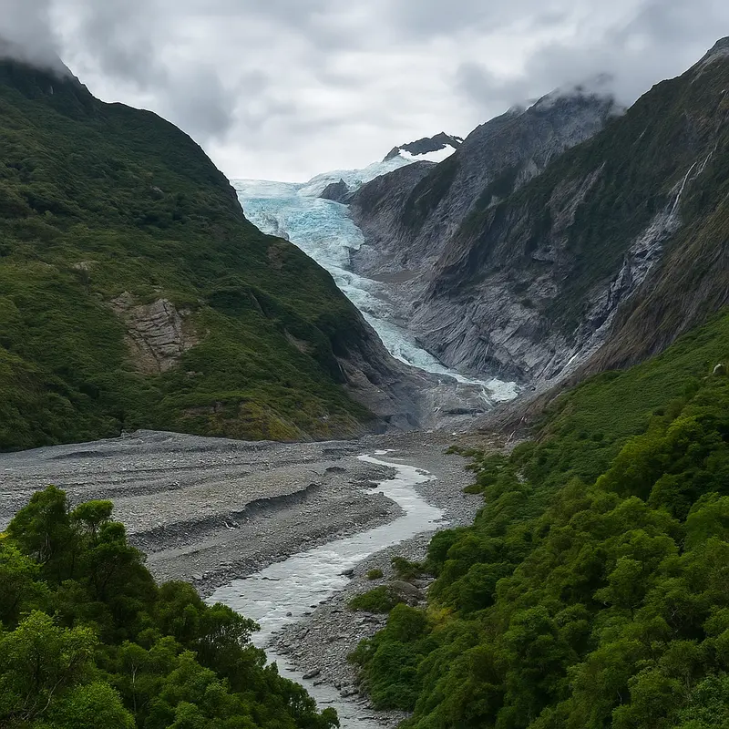 Franz Josef Glacier flowing through steep alpine valley, West Coast, South Island, New Zealand