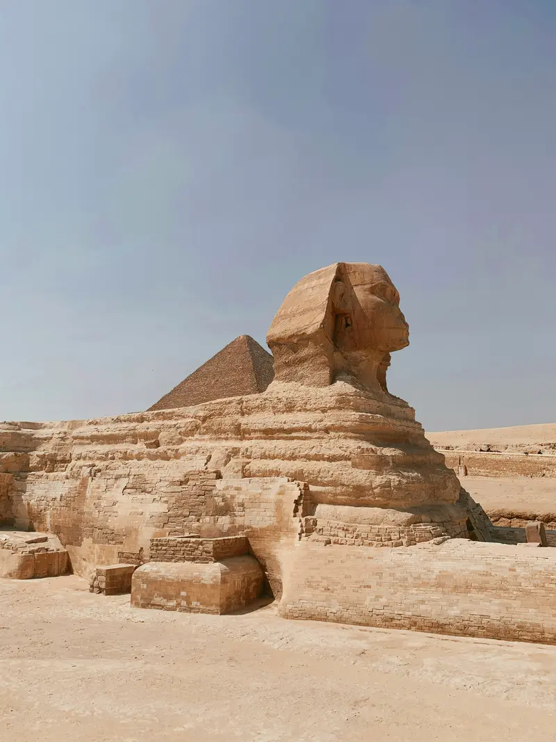 The Great Sphinx of Giza with the Pyramid of Khafre, Giza, Egypt