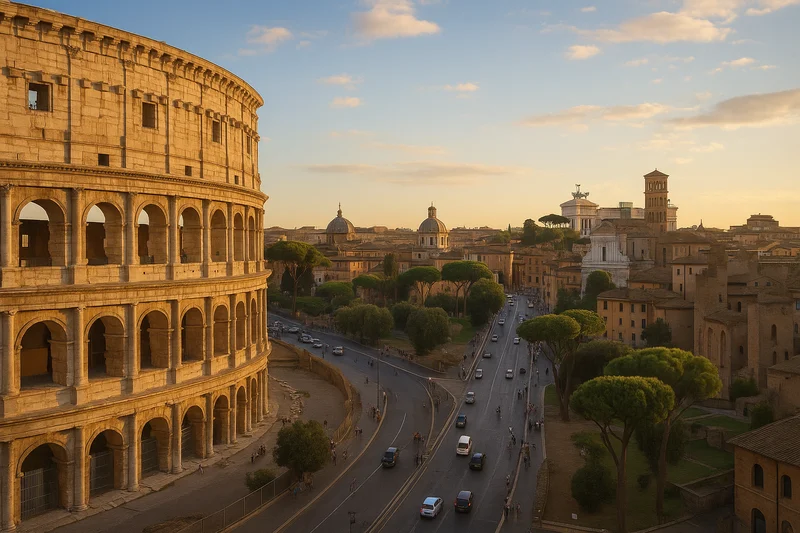 The Colosseum overlooking Via dei Fori Imperiali in Rome, Italy