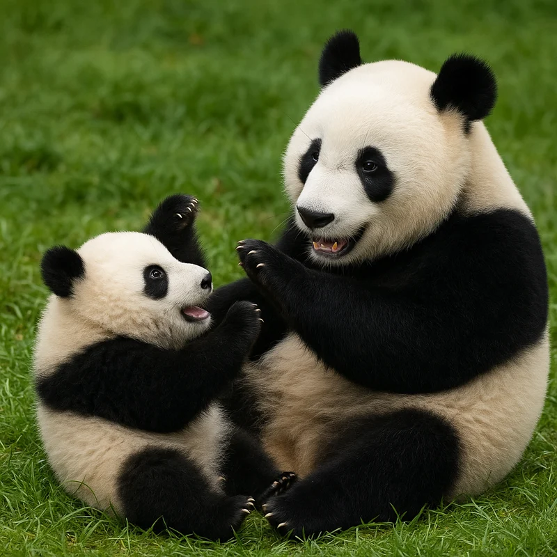 Mother and baby panda bear playing
