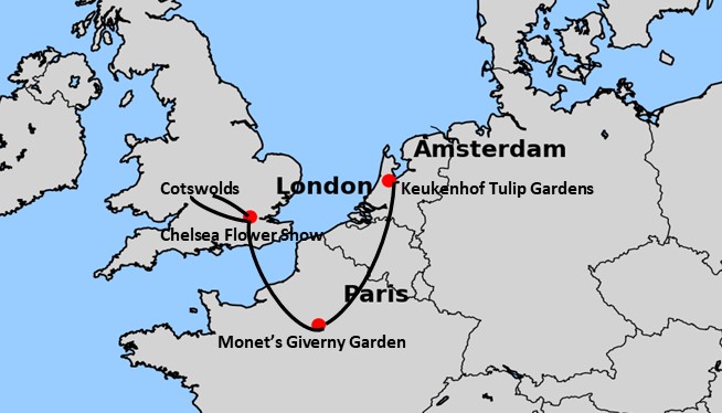 Map of the tour - Chelsea flower show and European gardens