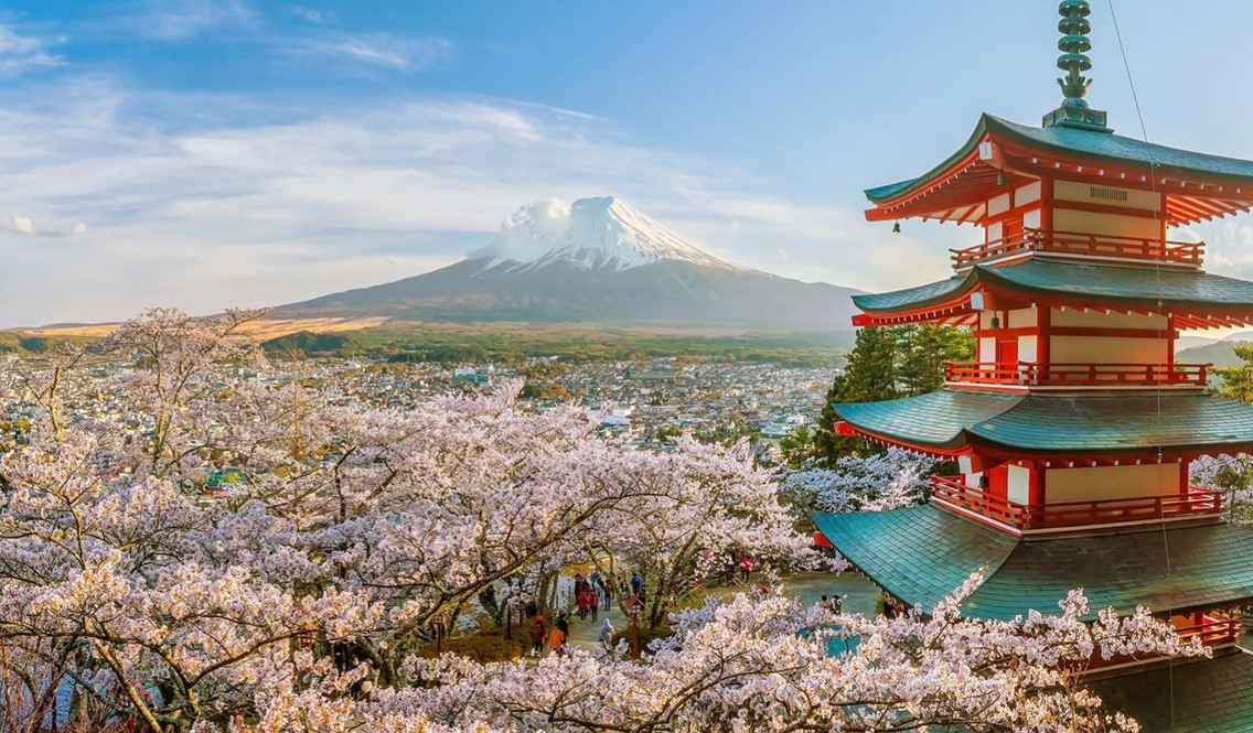 Temple with a view of Mt Fuji, Japan